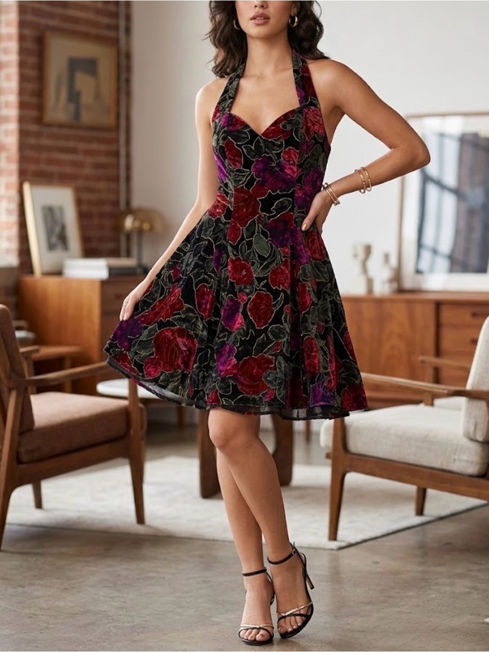 Rampage vintage Black Floral Halter Dress with Red and Green Accents